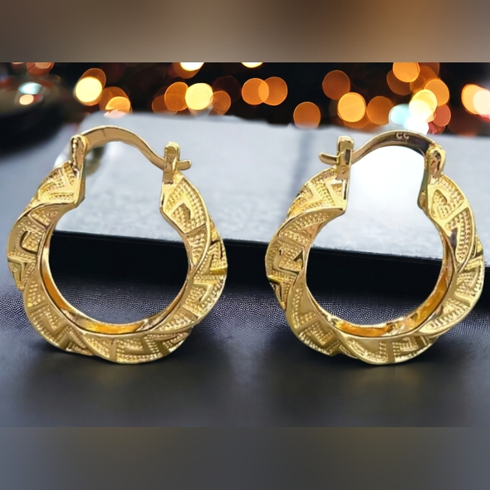 New Luxury 18kt GP Greek Key Twisted Hoop Earrings
